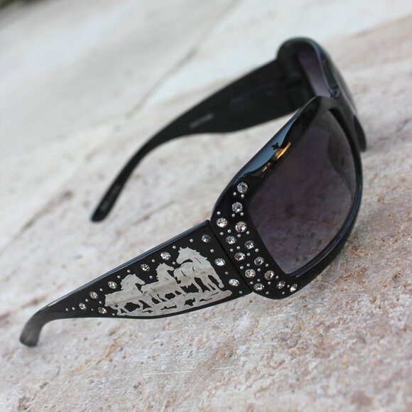 Silver Dashing Horses Sunglasses in Black w/Rhinestone Accents main image 6